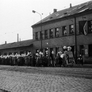 Group of people march with flags and balloons on street.