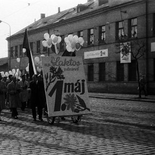 Parade with flags and banners on a cobblestone street.
