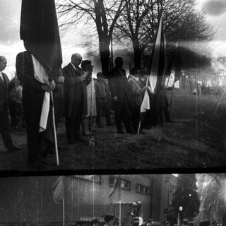 Group of people with flags and children in a line.