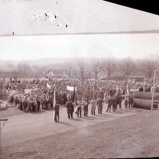 Parade or rally with crowd and flag bearers.