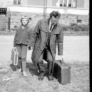Here are a few brief summaries of the image: Man and child walking, leaving a building. Two images: people leaving