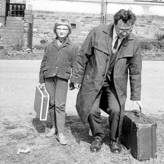 Here are a few brief summaries of the image: Man and child walking, leaving a building. Two images: people leaving