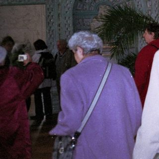 People tour an ornate, arched hall with potted plants.