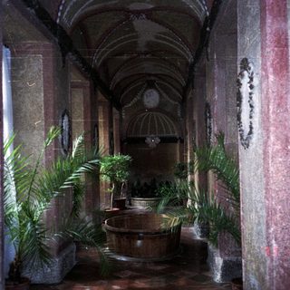 Elegant courtyard with plants, fountain, and arched passageway.
