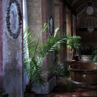 Elegant courtyard with plants, fountain, and arched passageway.