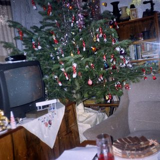 Vintage living room with a decorated Christmas tree and television.