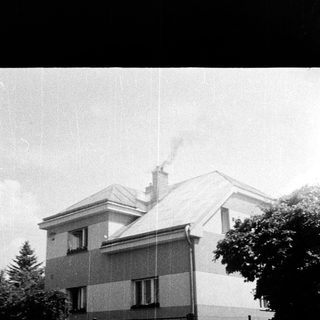 Here's a brief summary of the image: Two-story house with a chimney and surrounding foliage.