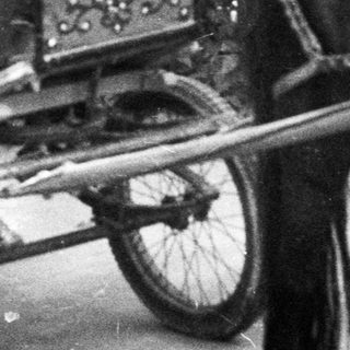 Man and children in a carriage being pulled by a horse.