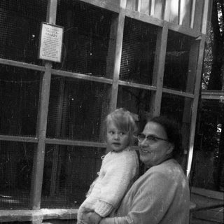 Woman holding a baby near an enclosure.