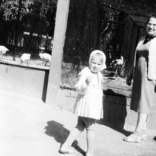 Child stands near animal enclosure with a woman.