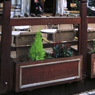 Exterior of a restaurant with a decorated Christmas tree.