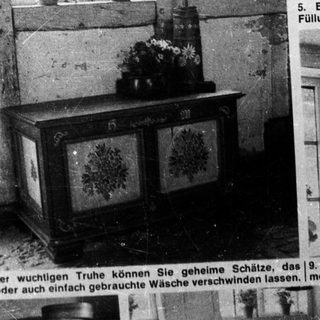 Vintage advertisement featuring miniature, paintable wooden furniture items.