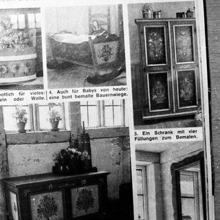 Vintage advertisement featuring miniature, paintable wooden furniture items.