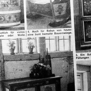 Vintage advertisement featuring miniature, paintable wooden furniture items.