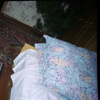 A patterned rug and bed with a decorative pillow.