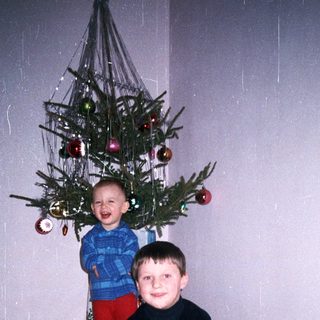 Here's a brief summary: Two boys play near a small, decorated Christmas tree.