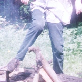 Person balances on logs in a wooded area.