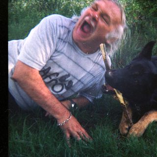 Man on ground, playfully interacting with a German Shepherd.