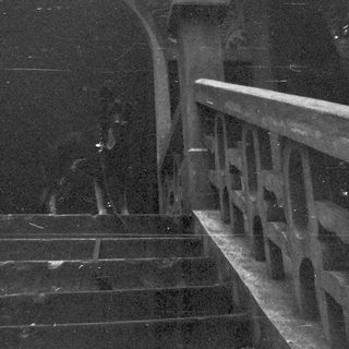 Stone steps with a railing lead into a dark archway.