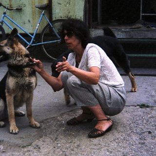 Woman crouches near a German Shepherd dog outdoors.