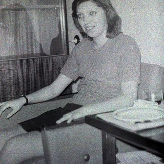Here's a brief summary of the image: Woman sitting at a table, appearing to look at the camera.