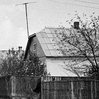 Black and white photo of a snowy, rural street scene.