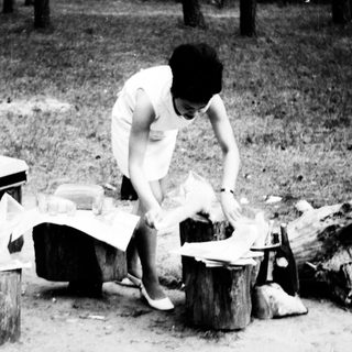 Woman unpacks a picnic in a wooded area.