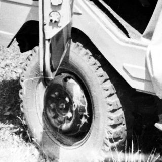 Woman driving a vintage vehicle in a grassy landscape.