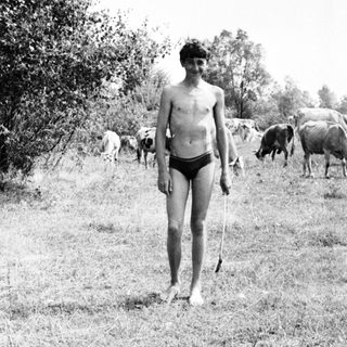 Boy stands in field, holding a stick, with cows.