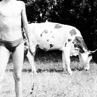 Boy stands in field with cows in a rural setting.