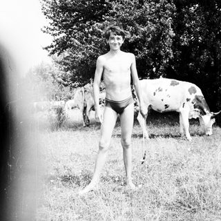 Boy stands in field with cows in a rural setting.