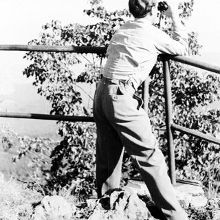 Man using binoculars while overlooking a landscape.