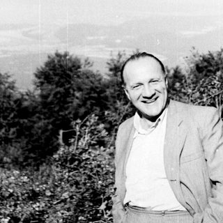 Man smiles, posed with foliage and a distant landscape.