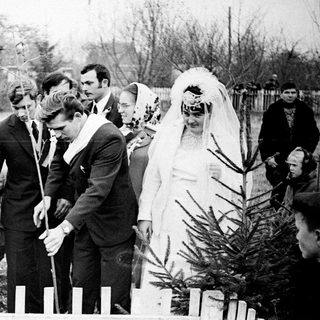 Black and white wedding ceremony taking place outdoors.
