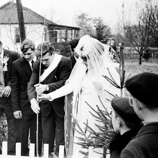 Couple plants a tree with dignitaries in a garden.