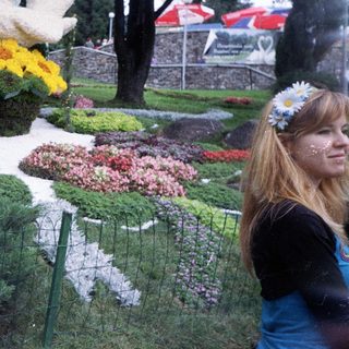 Floral display of a dove with a woman nearby.