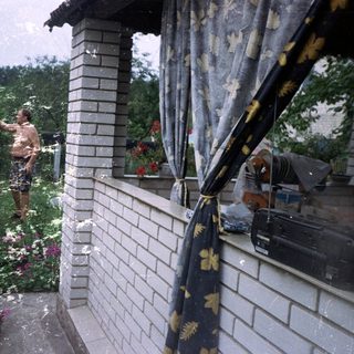 Man washing a car in a garden, seen through curtains.