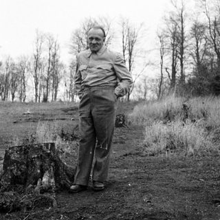 Man stands near a tree stump in a wooded area.