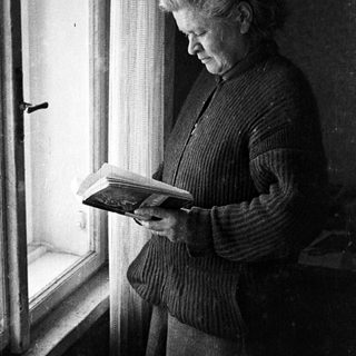 Man lies reading a book near a window.