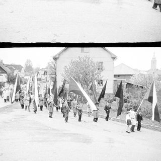 Parade with flags proceeds down a road in a town.