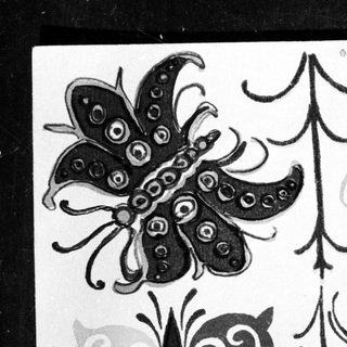 Black and white illustration depicting butterflies and floral elements.