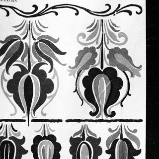 Black and white illustration depicting stylized tulip flower motifs.