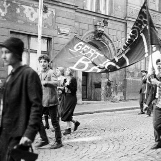 Here's a brief summary of the image: Protesters march with signs on a cobblestone street.