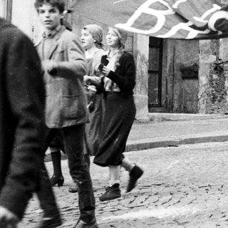 Here's a brief summary of the image: Protesters march with signs on a cobblestone street.