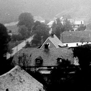 Hilly landscape with buildings and trees in mist.