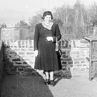 Woman stands on a wall, overlooking a landscape.