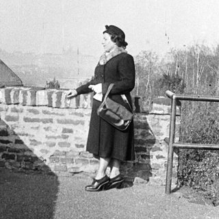 Woman stands on a wall overlooking a landscape.