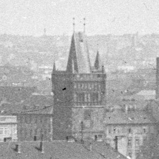 A vintage, hazy view of a European city skyline.