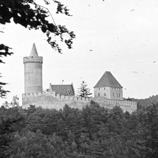 Castle visible through trees in a wooded landscape.