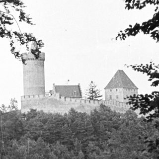 Castle atop a hill, framed by trees.